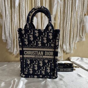 Navy Oblique Canvas Book Tote Phone Bag Mini